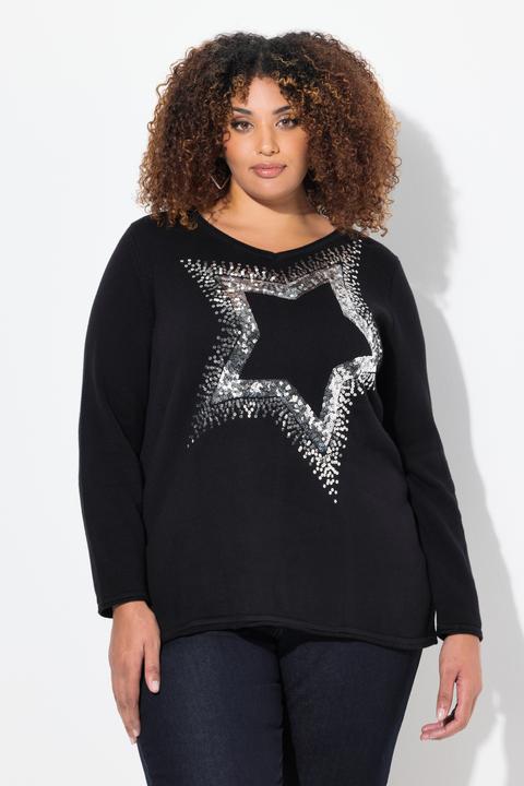 Image du produit Ulla Popken Pull à col en V et manches longues avec étoile pailletée (56)