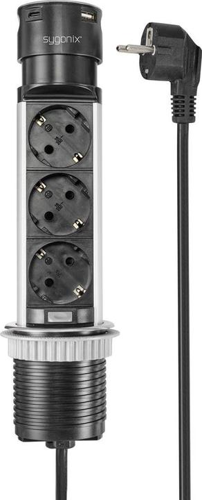 Actual product image Sygonix SY-4997104 Socket tower black, stainless steel earthing contact 1pc. (3 x, CEE 7/3, 1.50 m)
