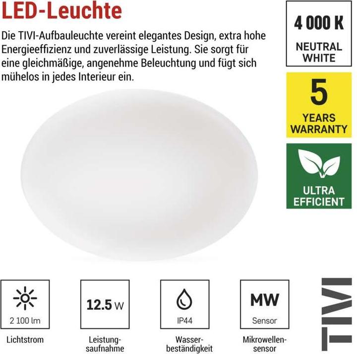Produktbild Emos LED-Deckenleuchte TIVI, A CLASS, MW sensor, rund weiss 12,5W, IP44, Neutral Weiss (2100 lm)