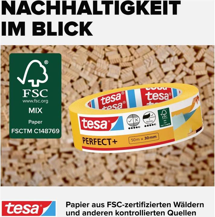Produktbild tesa Malerkrepp Perfect+, Abdeckklebeband für präzises Abkleben im Innenbereich (30 mm)