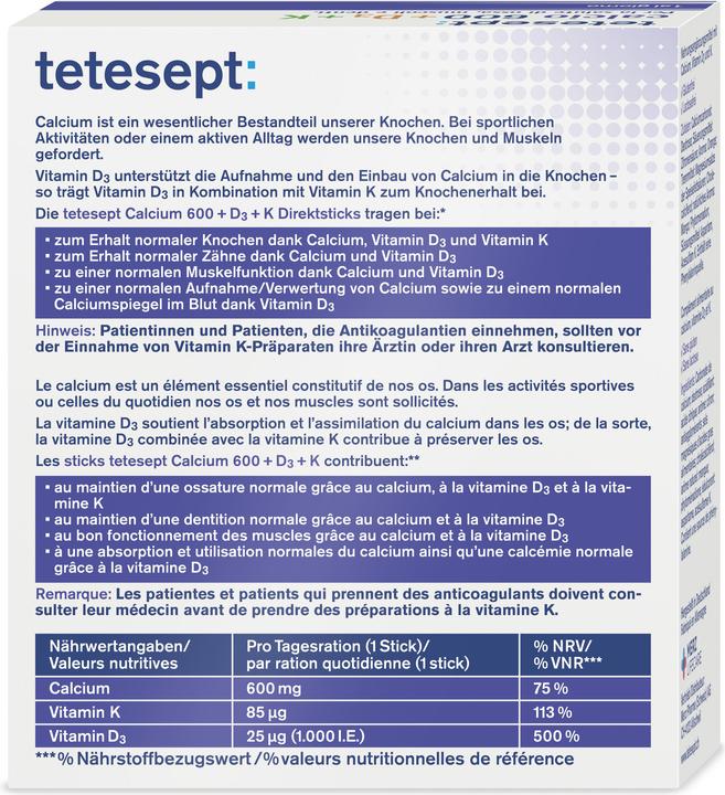 Nutritional values and ingredients Tetesept Calcium 600+D3 (20 Piece, Powder, 67 g)