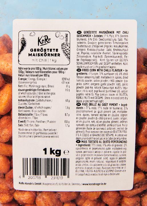 Nährwerte und Zutaten KoRo Geröstete Maiskörner mit Chili Geschmack (1000 g)