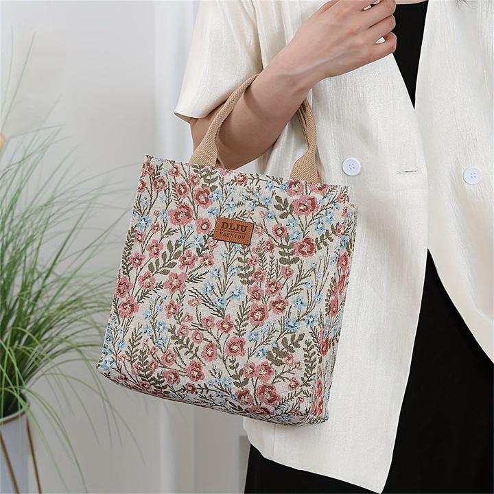 Actual product image Only-Bags.Store Vintage floral nylon tote bag with zip, foldable top handle handbag for commuting and travelling