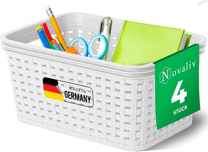 Produktbild Novaliv 4 Stück Elegante Aufbewahrungskörbe in Rattan-Optik | Weiss Kunststoff 2L? für Büro und Zuha (14 cm, 2 l, 4x)