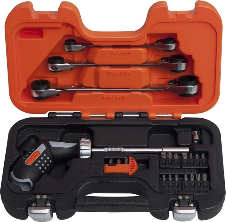 Productafbeelding Bahco Pistoolgreep Ratelset (5, T40, T10, T15, T25, T20, HEX5, SL6, T27, T30, PH3, PZ3, HEX3, HEX4)