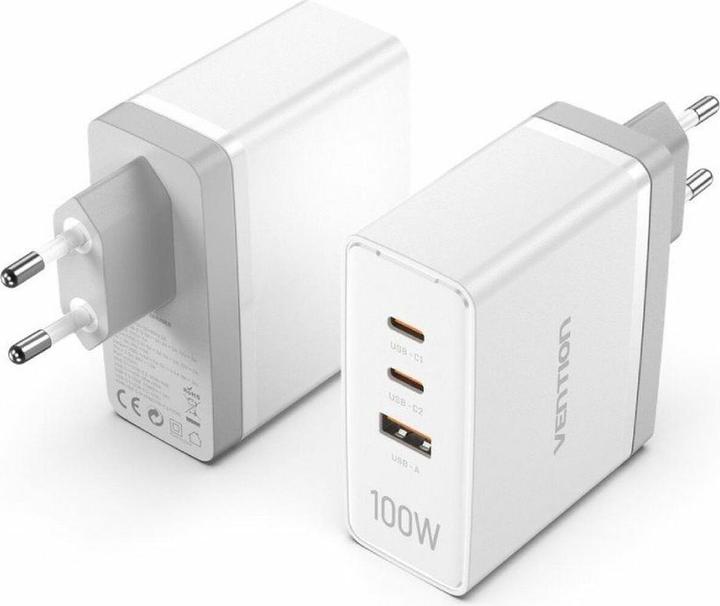 Image du produit Vention Wall charger,, FEGW0-UE, 2xUSB-C, USB- A, 100W/100W/30W, GaN (white) (100 W, 2 ports)