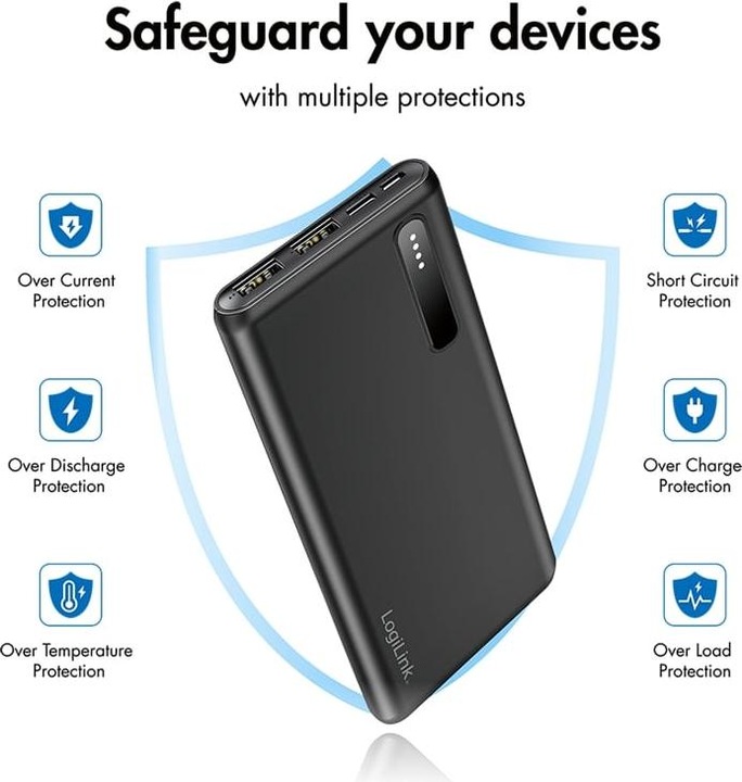 Produktbild LogiLink Powerbank PA0311 schwarz, 8000 mAh, 2x USB-A, 2-in-1-Kabel (8000 mAh, 12 W)