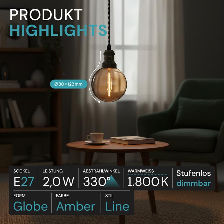 Produktbild Luxula LED-Filament-Lampe, Line Amber Globe, E27, 2W, 65lm, 1800K (E27, 65 lm, 1x)