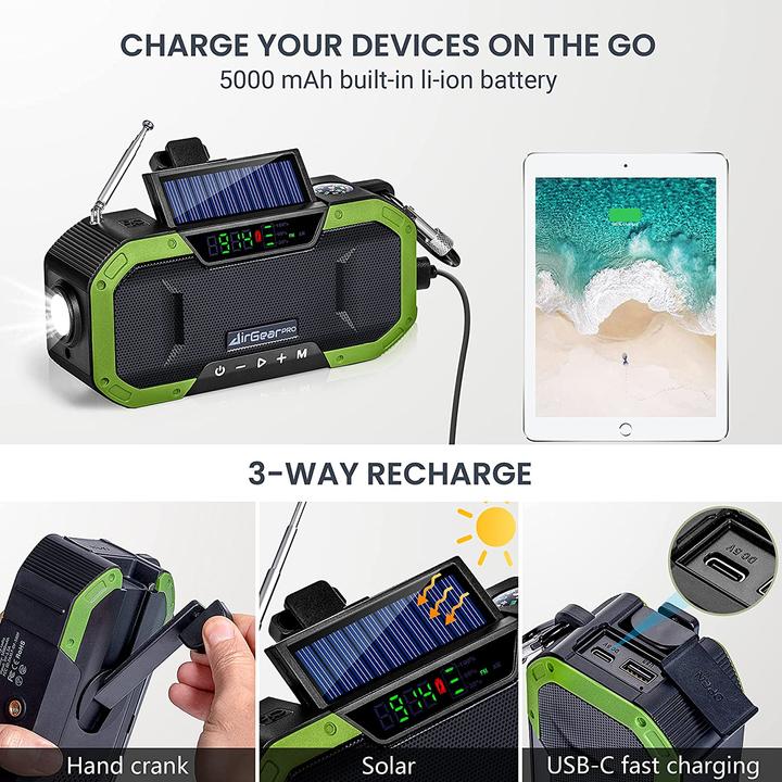 Produktbild AirGearPro Solar Kurbelradio, 5000 mAh (FM, AM, Bluetooth, Radio Frequency (RF))