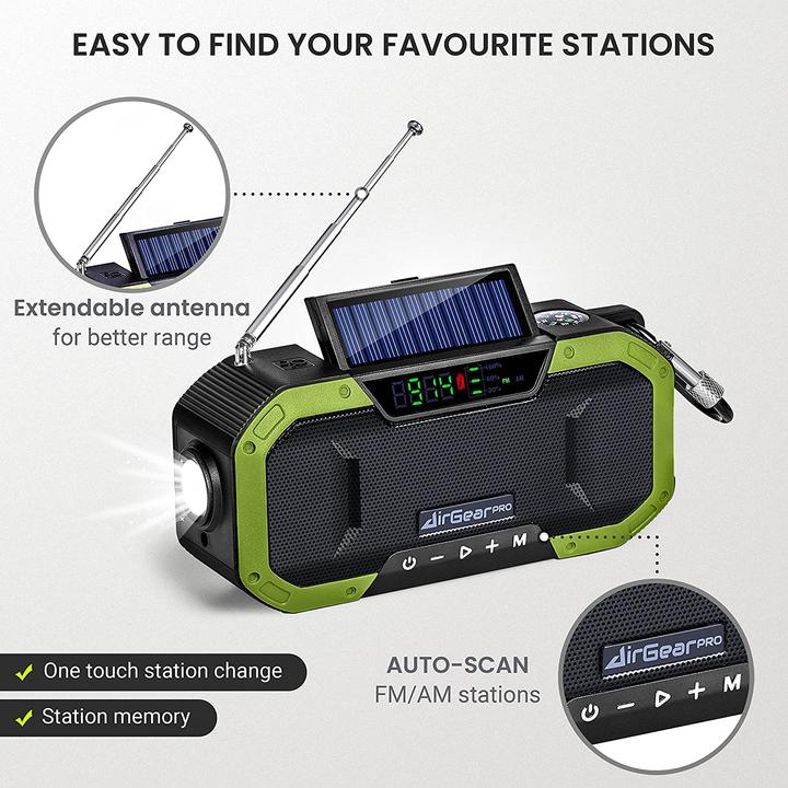 Produktbild AirGearPro Solar Kurbelradio, 5000 mAh (FM, AM, Bluetooth, Radio Frequency (RF))