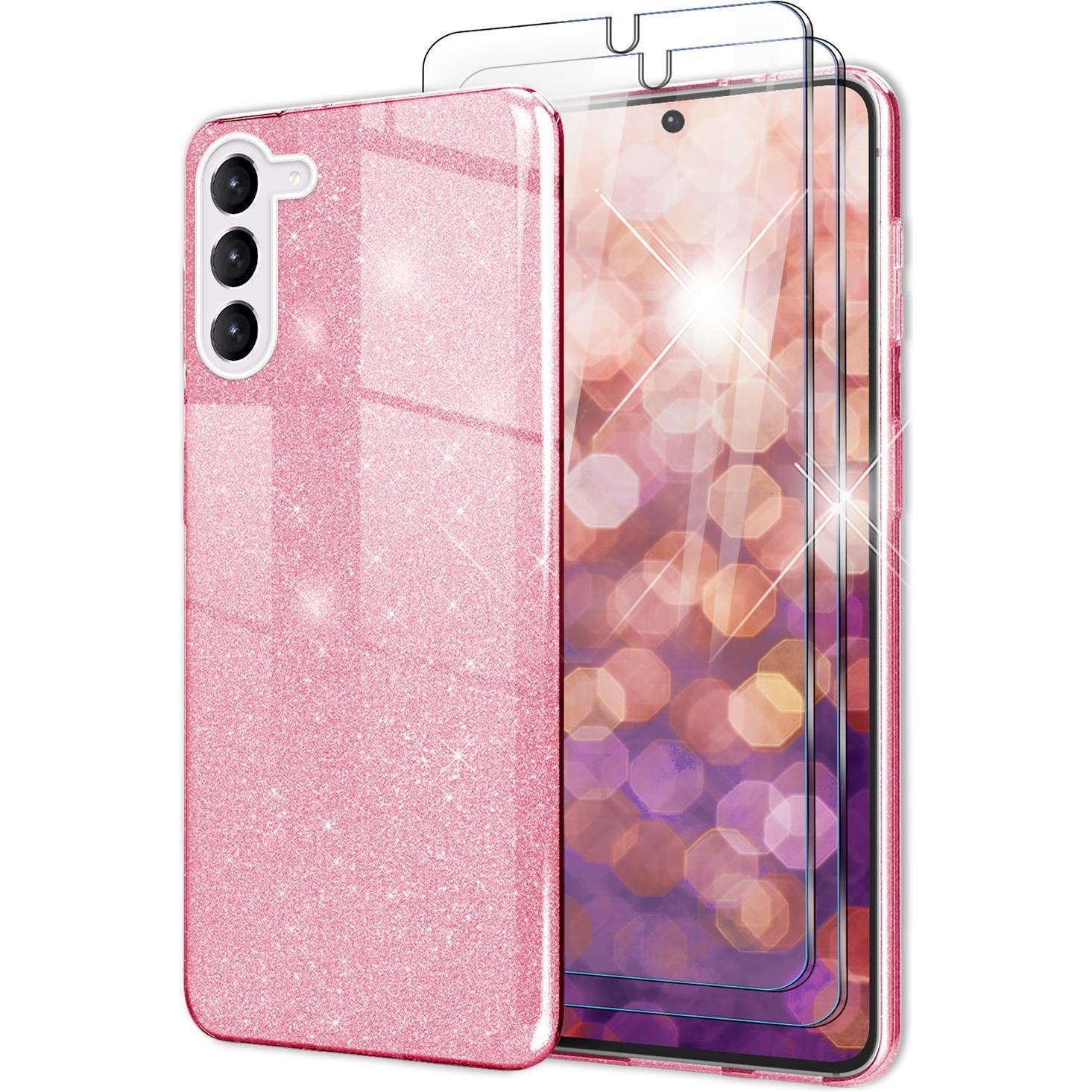 Nalia Glitzer Silikon Hülle mit 2x Displayschutz (Samsung Galaxy S23+), Smartphone Hülle, Pink