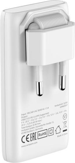 Productafbeelding Verbatim GaN III Fold 'n' Go Charger 2 Port 65W USB-C white (65 W)