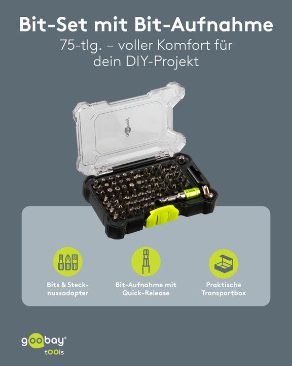 Image du produit Goobay Bithalter-Set mit 72-tlg. Bitsatz (Carré intérieur, Six pans creux TX, Trilogie)