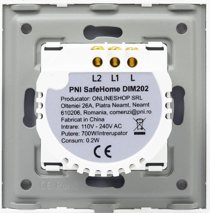 Productafbeelding PNI Dubbele schakelaar met touch en dimmer SafeHome DIM202, 2X700W, Live Wire, zonder nul, glas