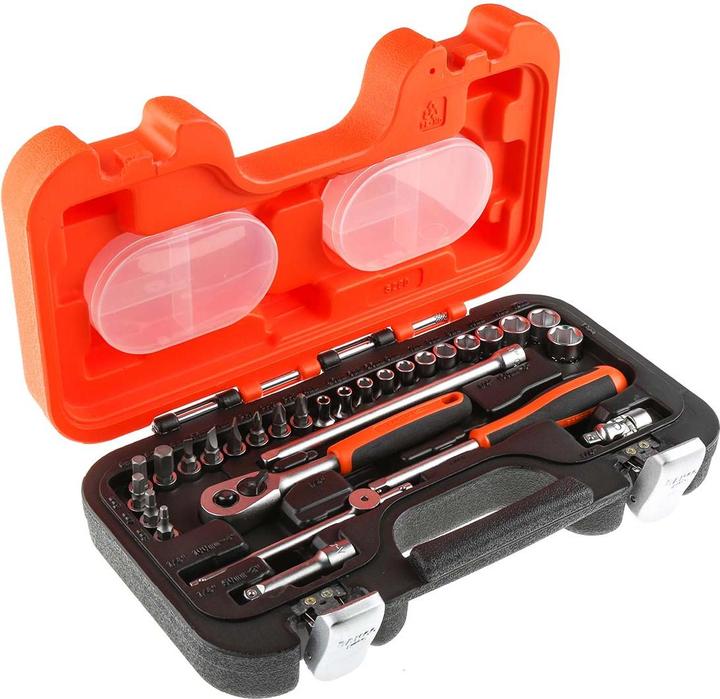 Produktbild Bahco 1/4"-Steckschlüssel-Satz, metrisch, Sechskant, inklusive Umschaltknarre und Schraubendreher-Einsät (12 mm, 11 mm, 13 mm, 10  mm)
