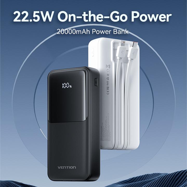 Image du produit Vention 20000mAh Power Bank (Micro-USB + USB-C + USB-A + USB-A) avec câbles USB-C et Lightning intégrés 22.