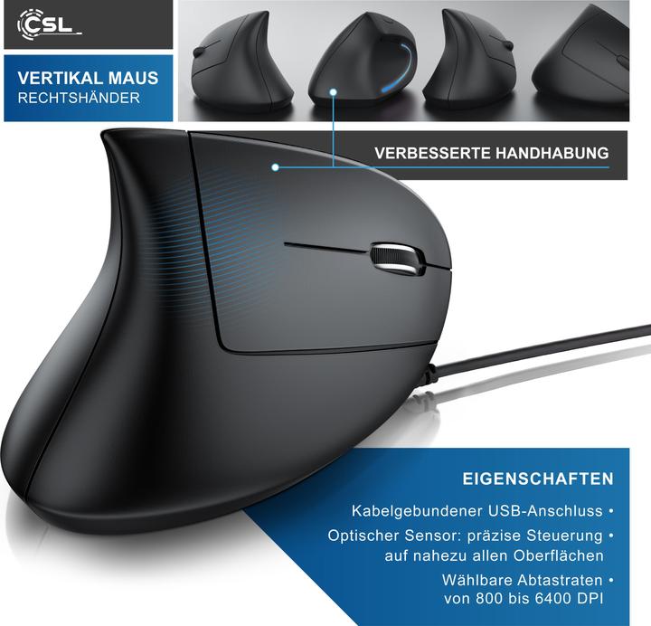 Produktbild CSL Ergonmische Maus USB Vertikalmaus, 6 Tasten, 800-6400 DPI, kabelgebunden, geringes Gewicht, schwarz (Kabelgebunden)