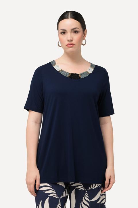 Immagine prodotto Ulla Popken T-shirt dal taglio svasato con ricami con perline, scollo a girocollo e mezze maniche (42, 44)