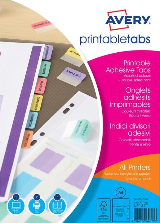 Produktbild Avery Dennison Onglets adh‚sifs personnalisables, A4, assorti