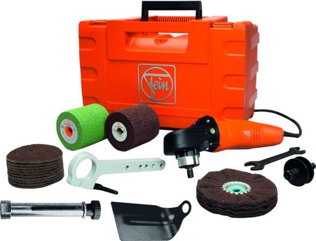 1 Anti-Vibrationshandgriff, Schutzbügel, 1 Transportkoffer, 1 Halter (schwenkbar), Aufspanndorn für Walzen und Rollen mit Mehrfachkeilnut (100 mm), (100×100 mm, Korn 60), elastische Schleifwalze, Lamellenvlieswalze (100×100 mm, Korn 180), Aufspanndorn 15−50 mm, 1 Schleifvlies mit Wellenfaltung 30×150 mm, 10 Schleifvlies mit Klett (⌀ 115 mm fein), Stützteller mit Kletthaftteil (⌀ 115 mm, M14)