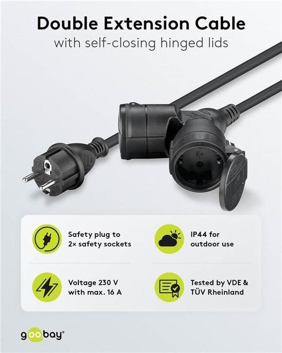Produktbild Goobay Doppel-Verlängerungskabel Outdoor, 10 m, schwarz (10 m, CEE 7/3)
