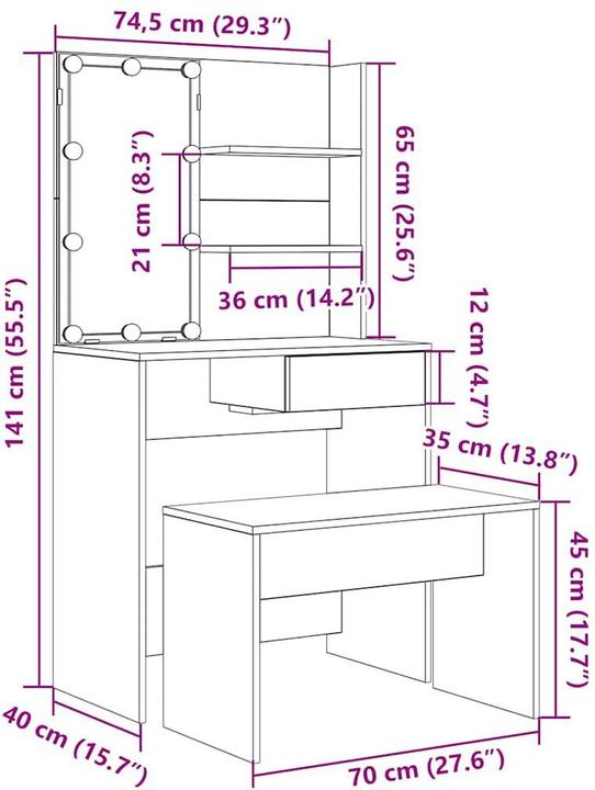 Actual product image vidaXL Schminktisch-Set mit LED-Leuchten Altholz-Optik Holzwerkstoff (74.5 x 40 x 141 cm)