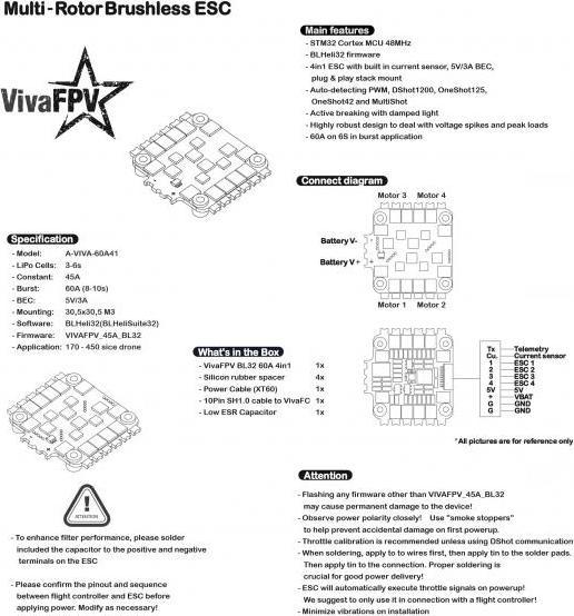 Actual product image VivaFPV 45A BL32 4in1 Dshot1200 3-6S ESC