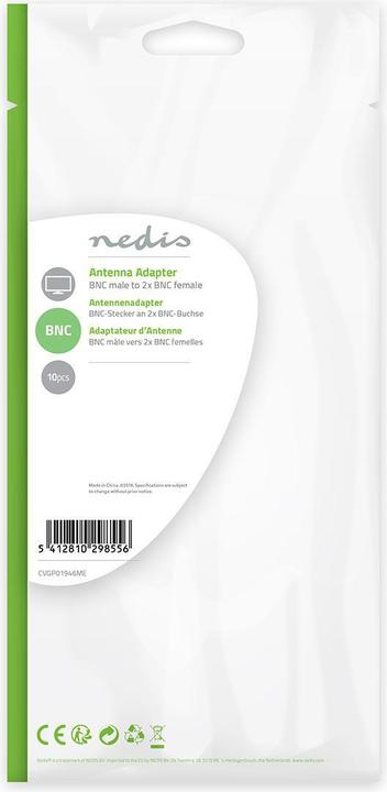 Produktbild Nedis BNC-Adapter BNC-Stecker 2X BNC-Buchse Vernickelt 50 Ohm Verteiler Metall Silber 10 Stück Plast (CAT5)