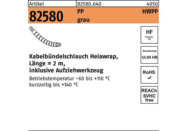 Produktbild HellermannTyton Kabelbündelschlauch R 82580 Helawrap 27 Polypropylen grau (Kabelschlauch, 200 cm)