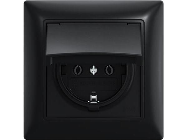 Actual product image ABB basic55 Schuko socket outlet, IP44, matt black, 16A, 1 module, supplied complete incl. frame and A