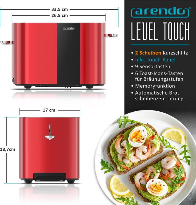 Produktbild Arendo Toaster Edelstahl 2 Scheiben Kurzschlitz, Bräunungsgrad & Restzeitanzeige, Touch Display, 800 W