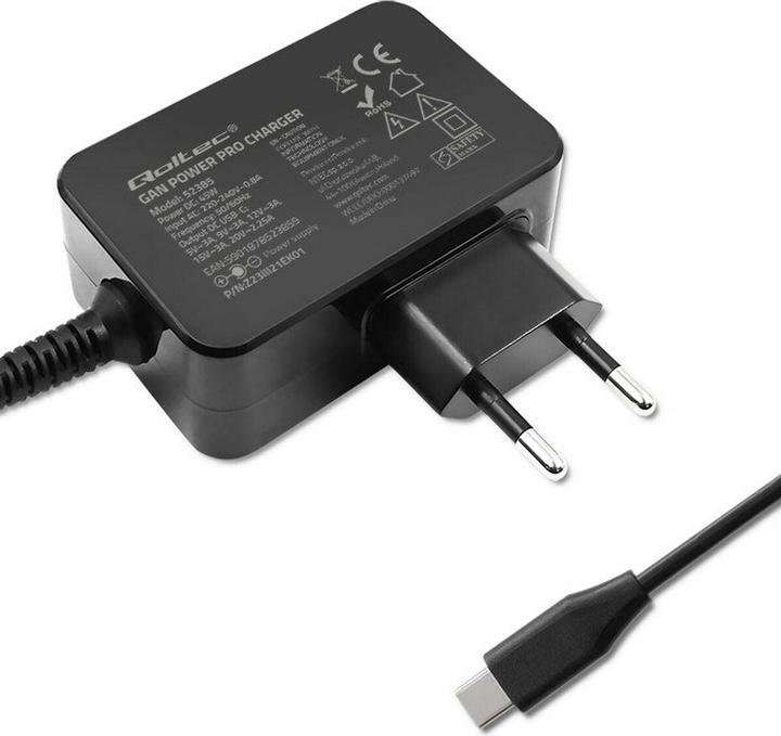 Image du produit Qoltec Ładowarka GaN POWER PRO | 1xUSB-C | 45W | 5-20V | 2.25-3A | Czarna (45 W, 1 portion)