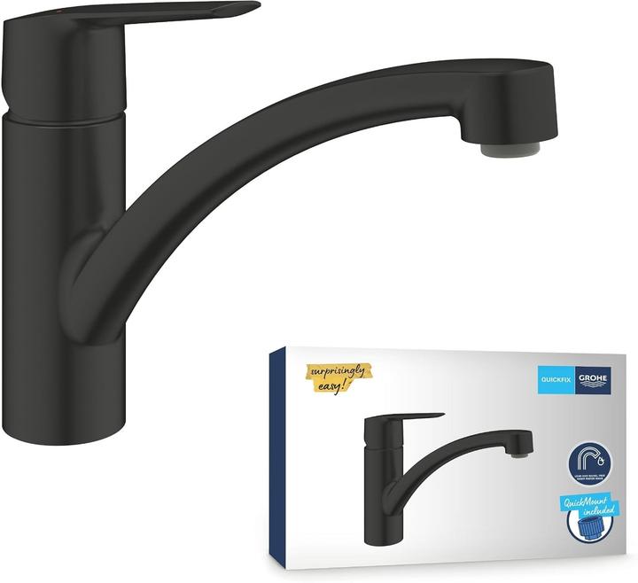 Productafbeelding Grohe Start QuickFix keukenmengkraan, platte uitloop, eenvoudige installatie, draaibaar, mat zwart