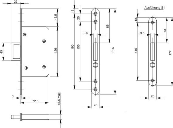 Produktbild BKS Schiebetür-Einsteckschloss 0393 Stahl silber abgerundet 20/55 mm mit Springgriff und Auslöseknopf (Einsteckschloss)