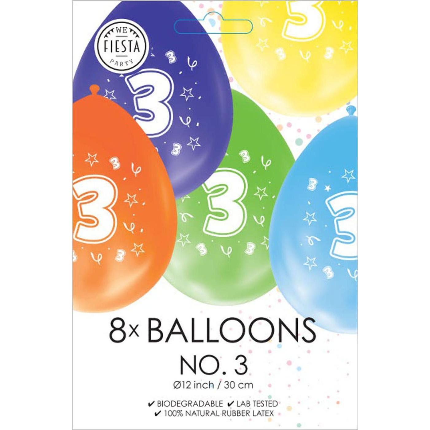 Thumbnail - Globos Luftballons 2-seitig bedruckt Zahl 3, 8 Stück