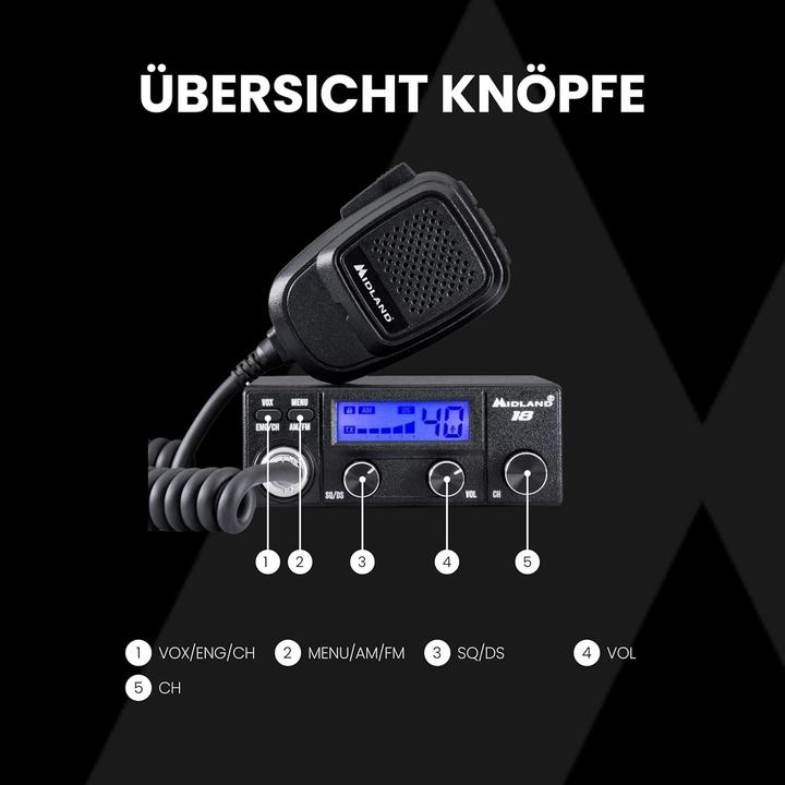 Actual product image Midland Compact CB Transceiver with Multi-Color Display and VOX for Hands-Free Communication