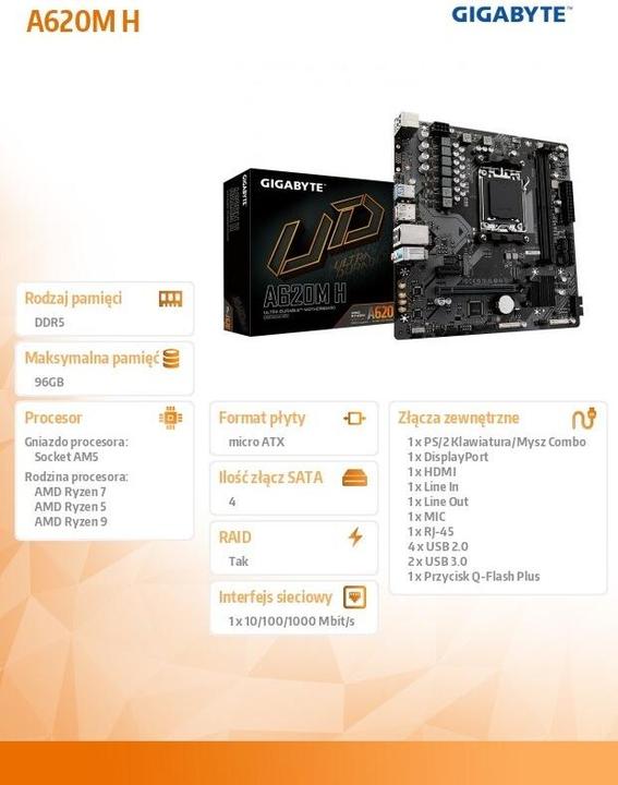 Produktbild Gigabyte MB A620M H (A620,AM5,mATX,AMD) (AM5, AMD A620, mATX)