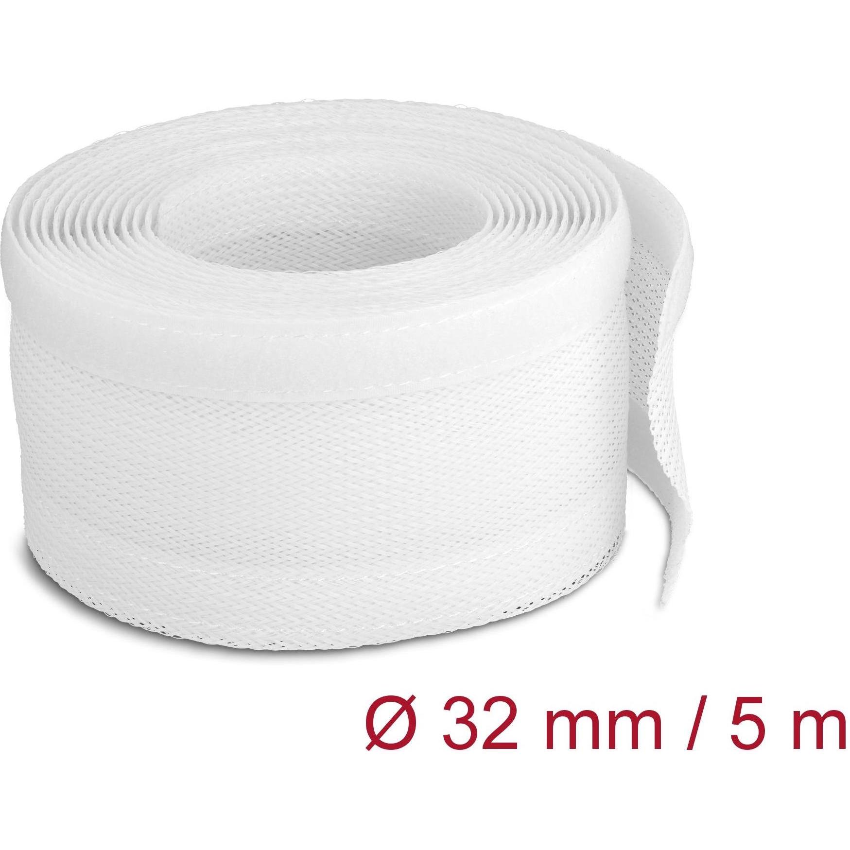 Delock, Kabelschutz + Kabelführung, Geflechtschlauch mit Klettverschluss 5 m x 32 mm weiss (Kabelschlauch, 5000 mm)