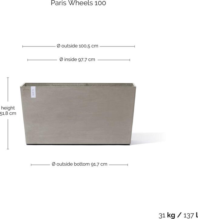 Produktbild Ecopots Paris Wheels 100 Blumentopf - L 100,5 cm x B 39,6 cm x H 51,8 cm - Innen- und Aussenbereich (39.60 cm)