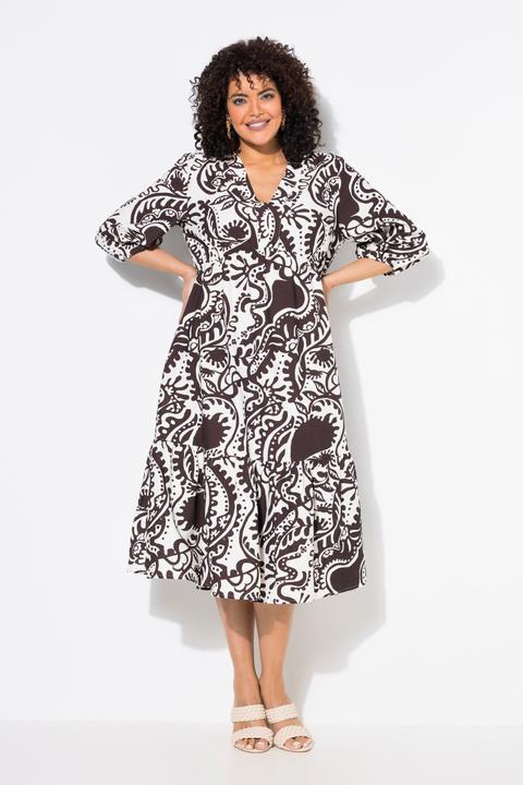 Image du produit Ulla Popken Robe midi motif cachemire, décolleté en V et manches 3/4, coupe évasée (54)