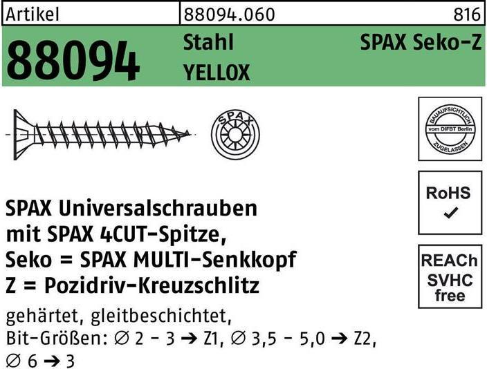 Actual product image Spax Screw R 88094 Countersunk head w.point/cross recess -PZ 4.5 x 20/14-Z Steel galvanised yellow (1000 Screws per piece)