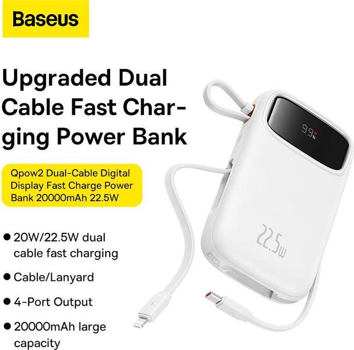 Produktbild Baseus Qpow2 Dual-Cable Digital Display Fast Charge Power Bank 10000mAh 22.5W Stellar White (10000 mAh, 22.50 W)