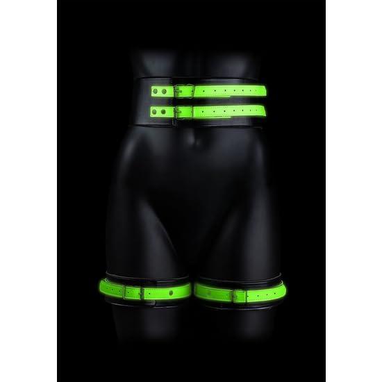 Actual product image Ouch! Thigh Cuffs with Belt and Handcuffs - Glow in the Dark