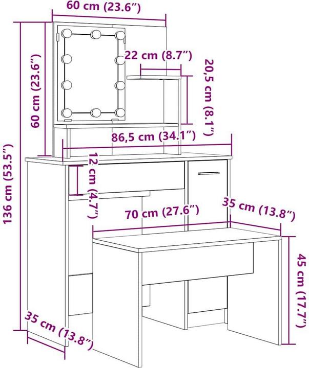 Produktbild vidaXL Schminktisch-Set mit LED-Leuchten Altholz-Optik Holzwerkstoff (86.5 x 35 x 136 cm)
