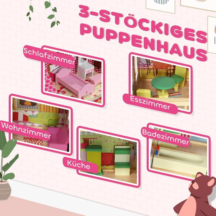 Produktbild Fasnacht Rosa Puppenhaus mit 3 Etagen 13 Möbelstücke aus MDF Holz 114x32x92cm