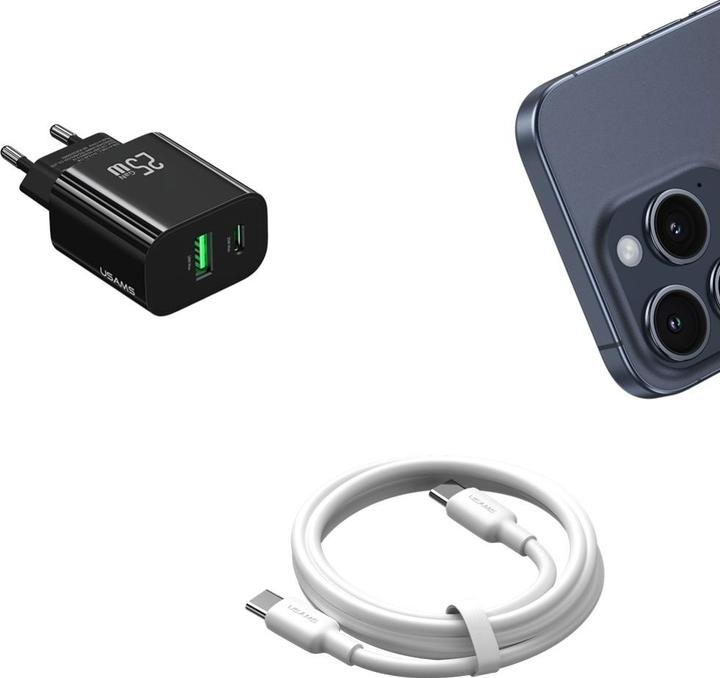Actual product image Usams Wall Charger CC315 T65 25W 1xUSB-C 1xUSB-A Fast Charging black (25 W, 2 ports)