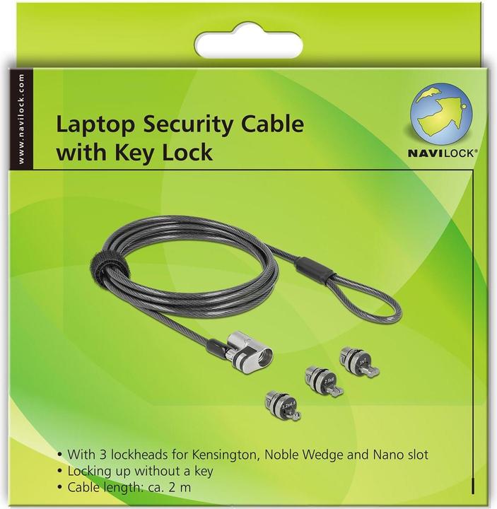 Immagine prodotto Navilock Cavo di sicurezza per notebook con 3 teste di bloccaggio per Kensington, Noble Wedge e Nano Slot