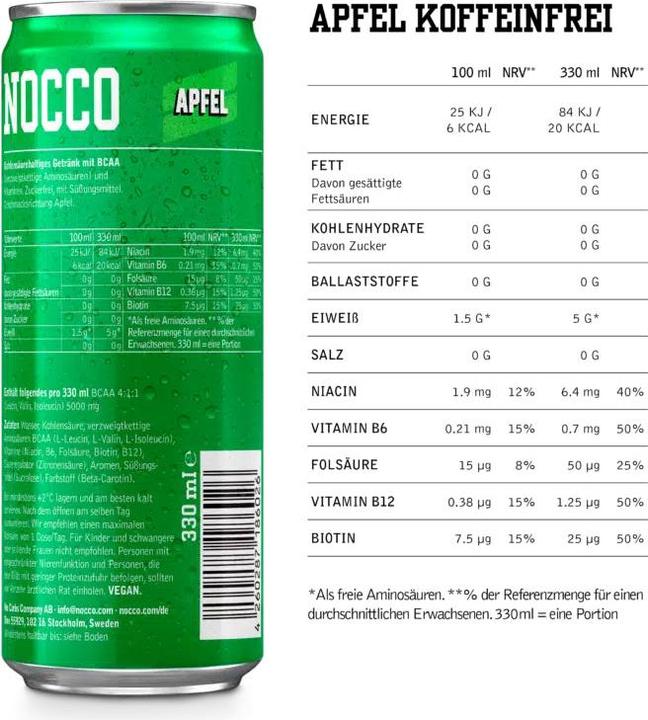 Nutritional values and ingredients Nocco Bcaa+ (Apple, 1 x)