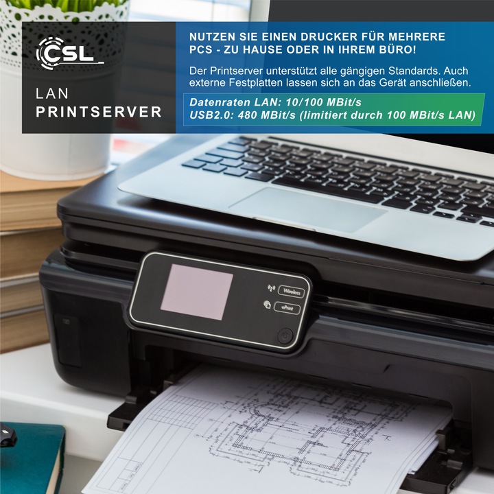 Actual product image CSL LAN print server, USB print server, power supply unit, Fast Ethernet, for PC Windows Vista, XP