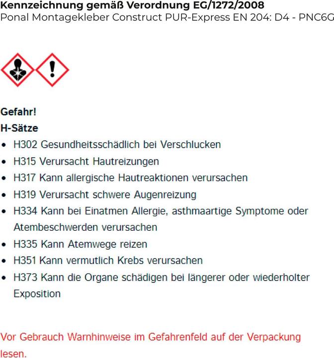 Actual product image Ponal PonalConstruct PUR-Express assembly adhesive 440g cartridge, PNC6G (496 g)